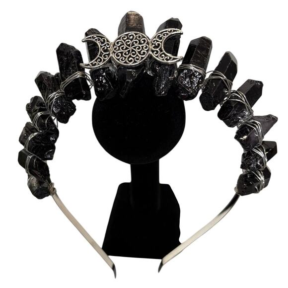 Crystal Rough Quartz Tiara Headband w/ Moon Charm - Black - Picture 1 of 4